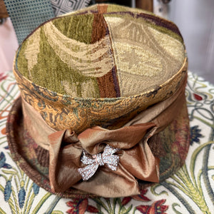 Vintage Tapestry Amber Cloche Hat With Sash & Brooch