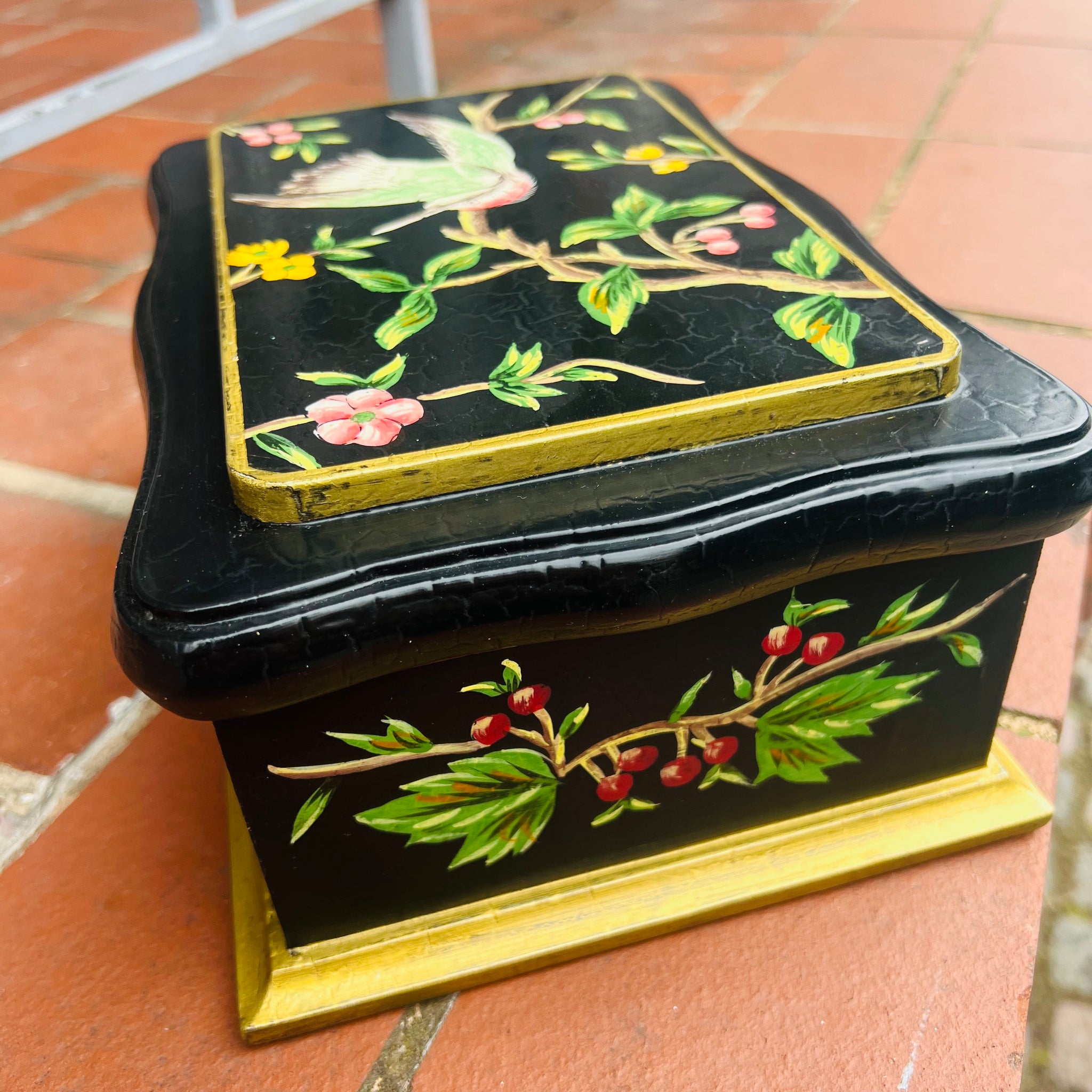 A Wooden Storage Box with Lyre Bird Design