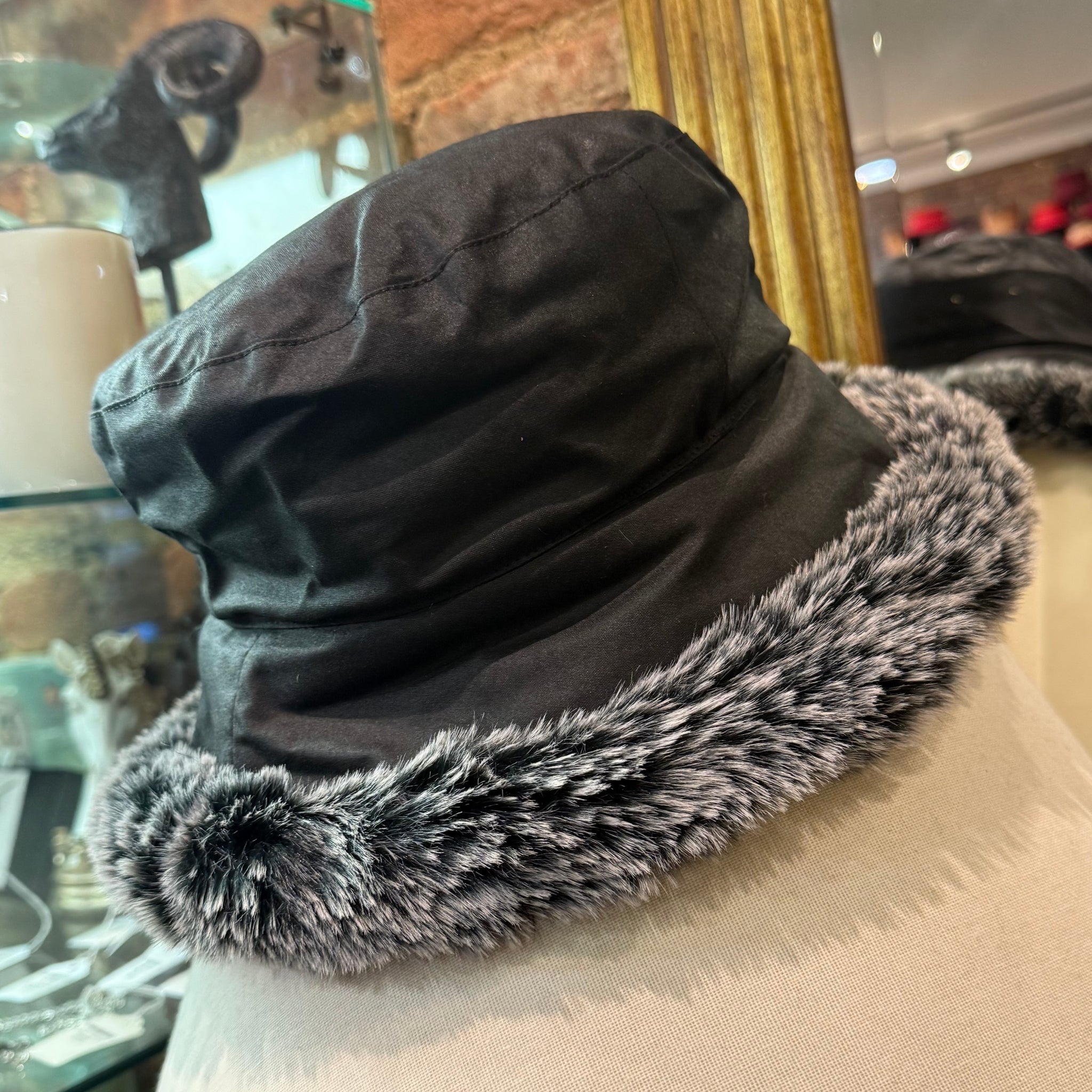 Waxed Cotton Faux Fur Rain Cloche Hat