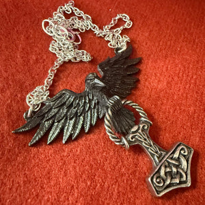 Pewter Raven and Hammer Pendant Necklace
