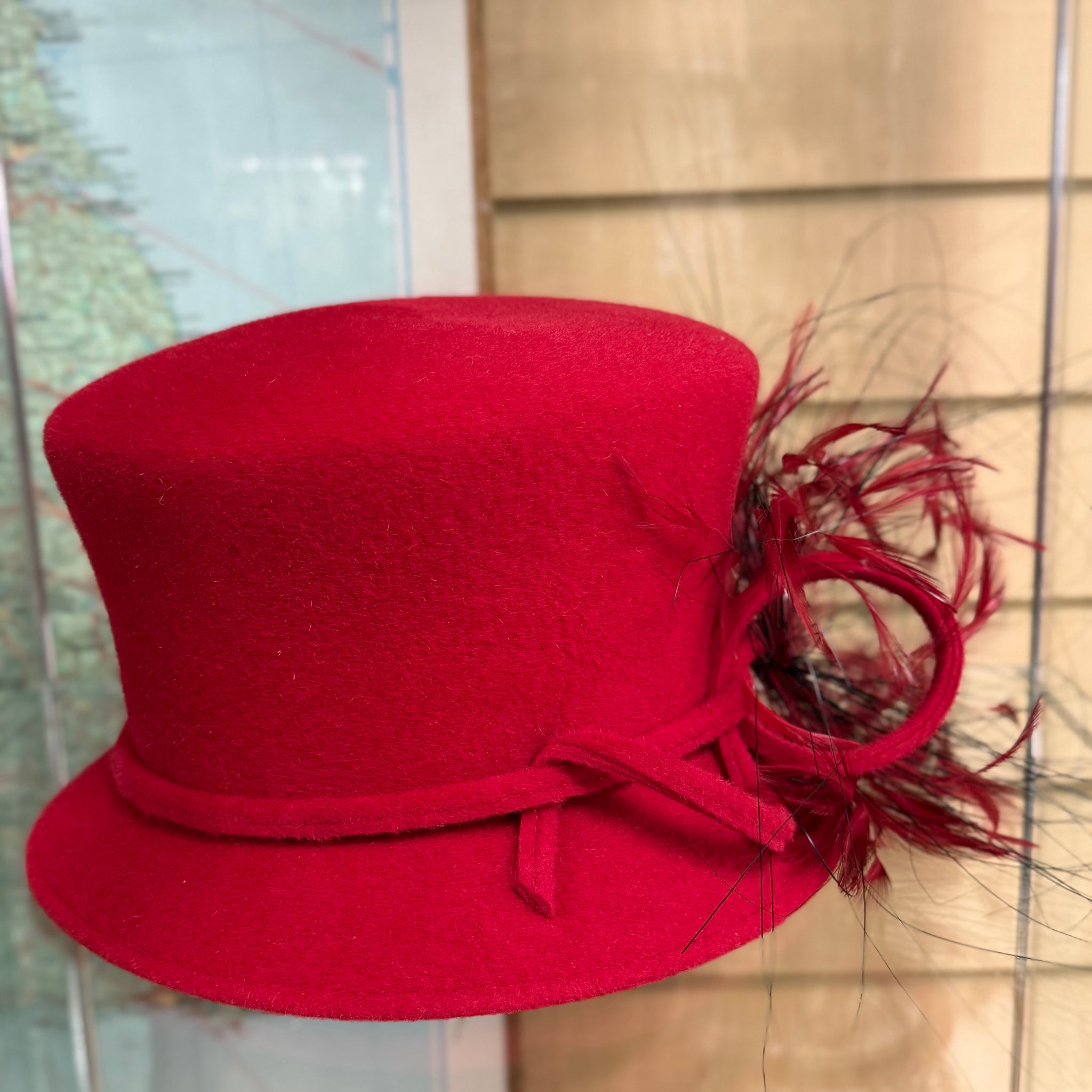 Zoe Red Wool Cloche Hat With Feathers