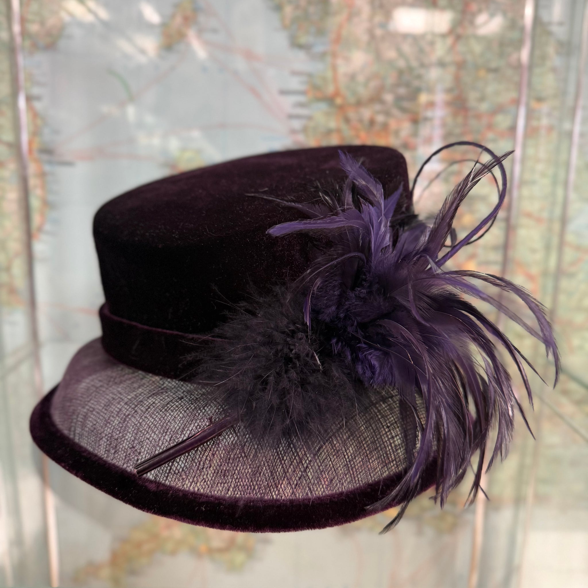 Lucinda  Purple Velvet Hat With Feathers