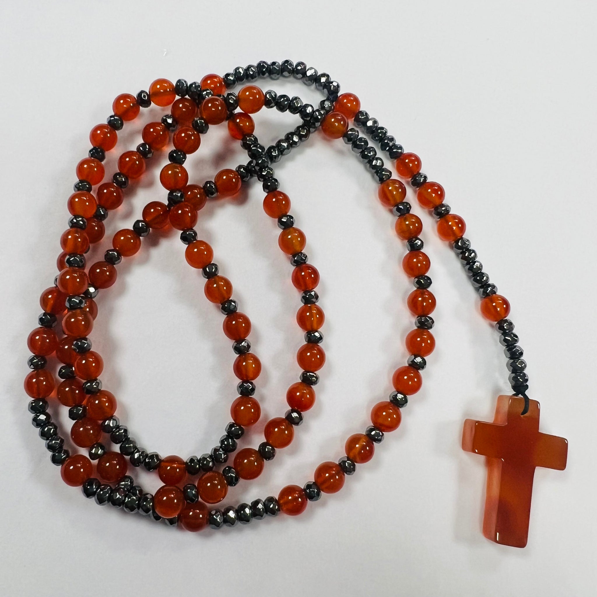 Long Carnelian Beaded Rosary Cross Necklace