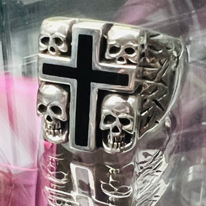 925 Sterling Silver Cross with Skull Background Ring