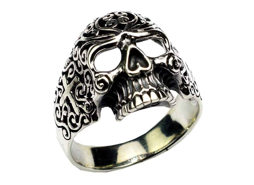 925 Sterling Silver Decorative Skull Ring With Cross