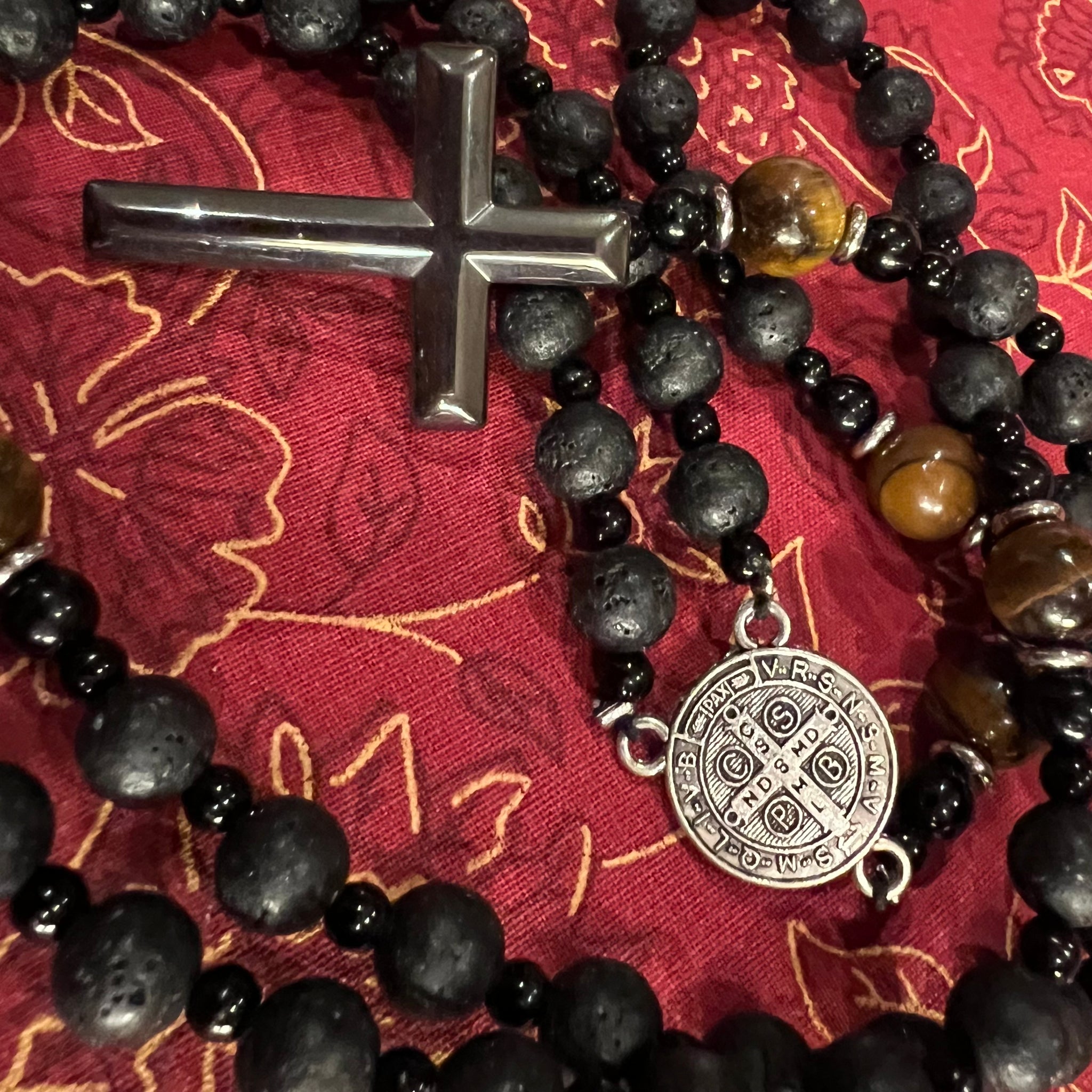 Long Beaded Rosary Necklace with Obsidian Cross