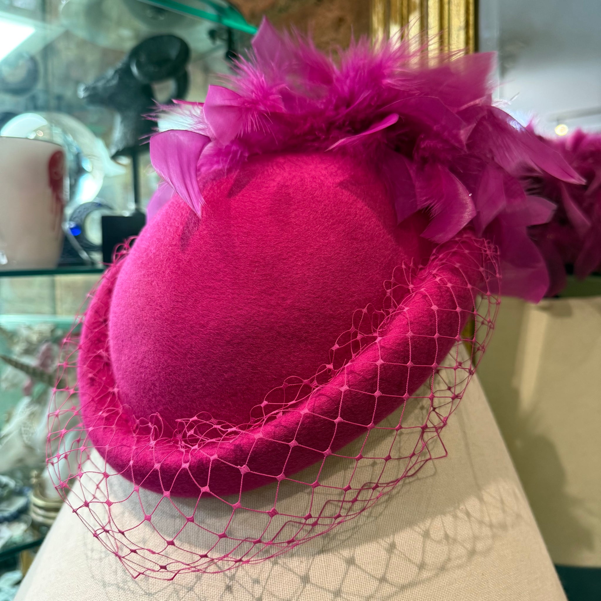 Grace Wool Felt Netted Pill Box Feathers to Back