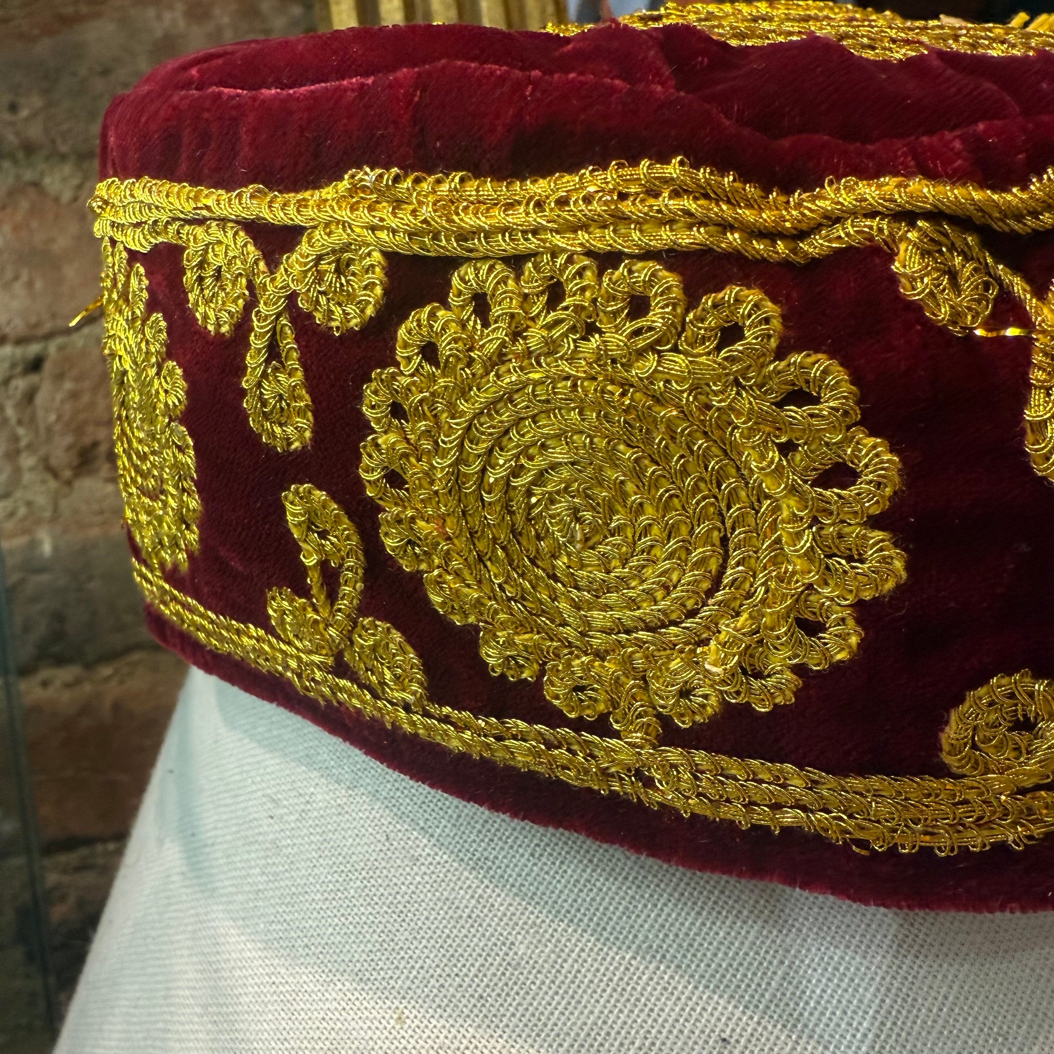 Burgundy Velvet Cap With Gold Embroidery