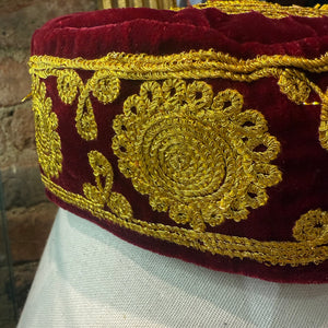 Burgundy Velvet Cap With Gold Embroidery