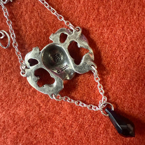 Pewter Skull Pendant with Black Crystal Drop