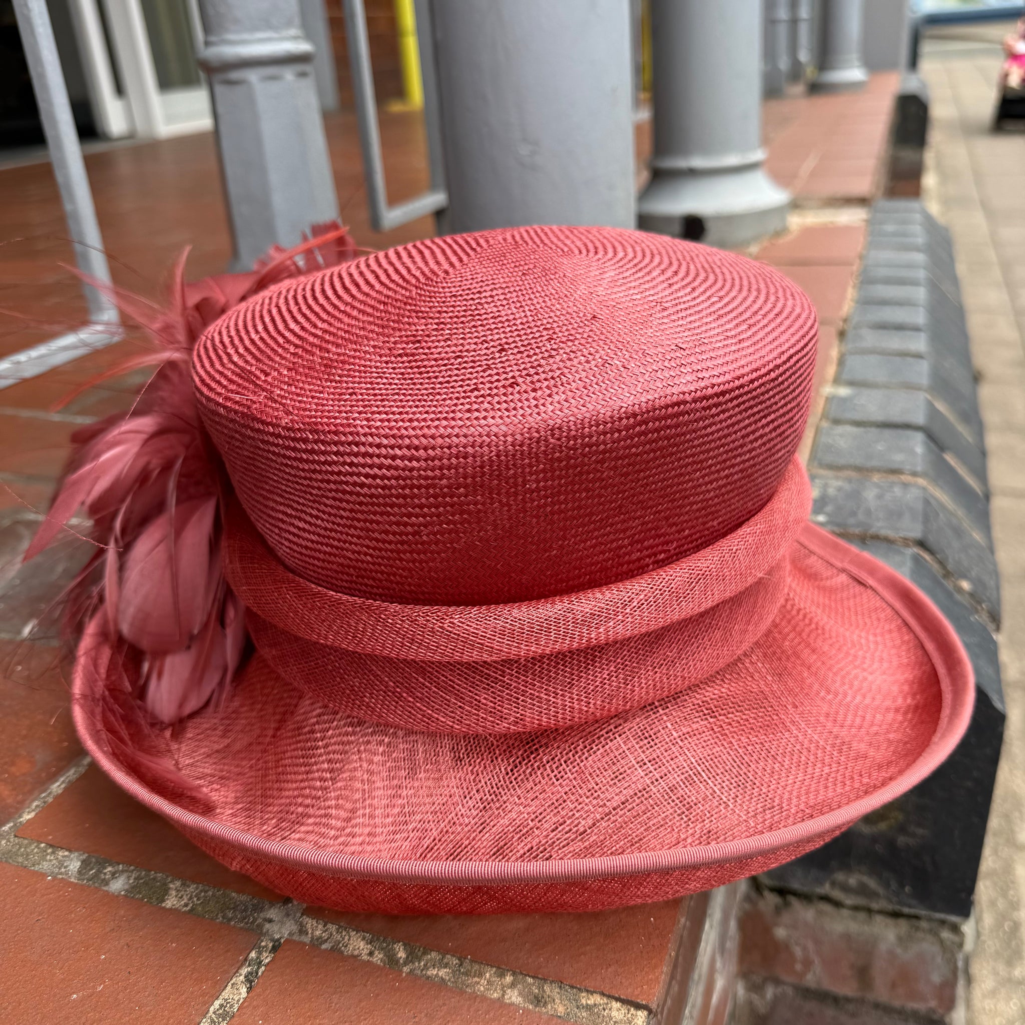 Sinamay Coral Hat With Feathers