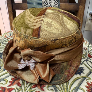 Vintage Tapestry Amber Cloche Hat With Sash & Brooch