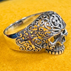 925 Sterling Silver Decorative Skull Ring With Cross