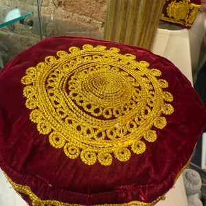 Burgundy Velvet Cap With Gold Embroidery