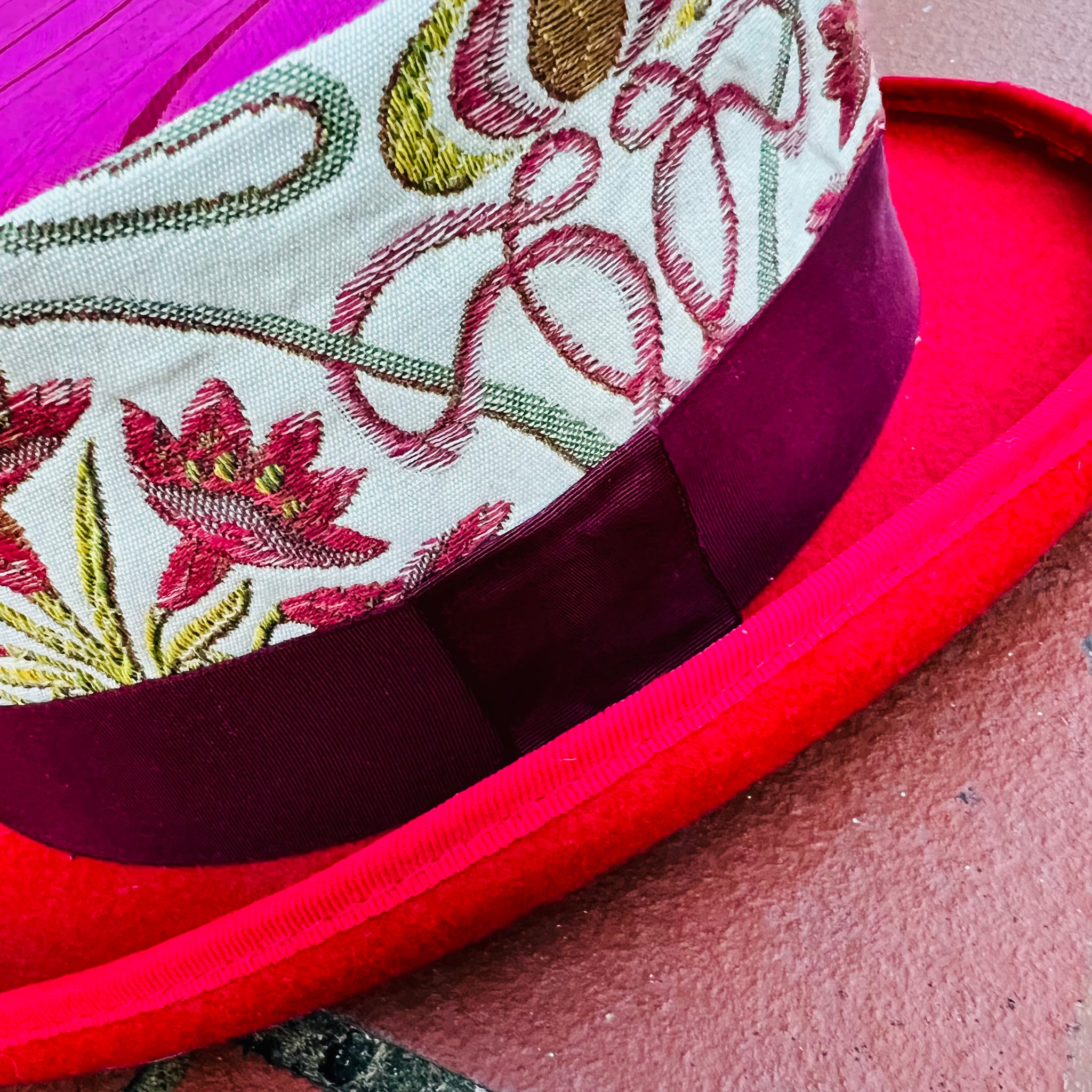 A Unique Red Floral Fabric Covered  Top Hat