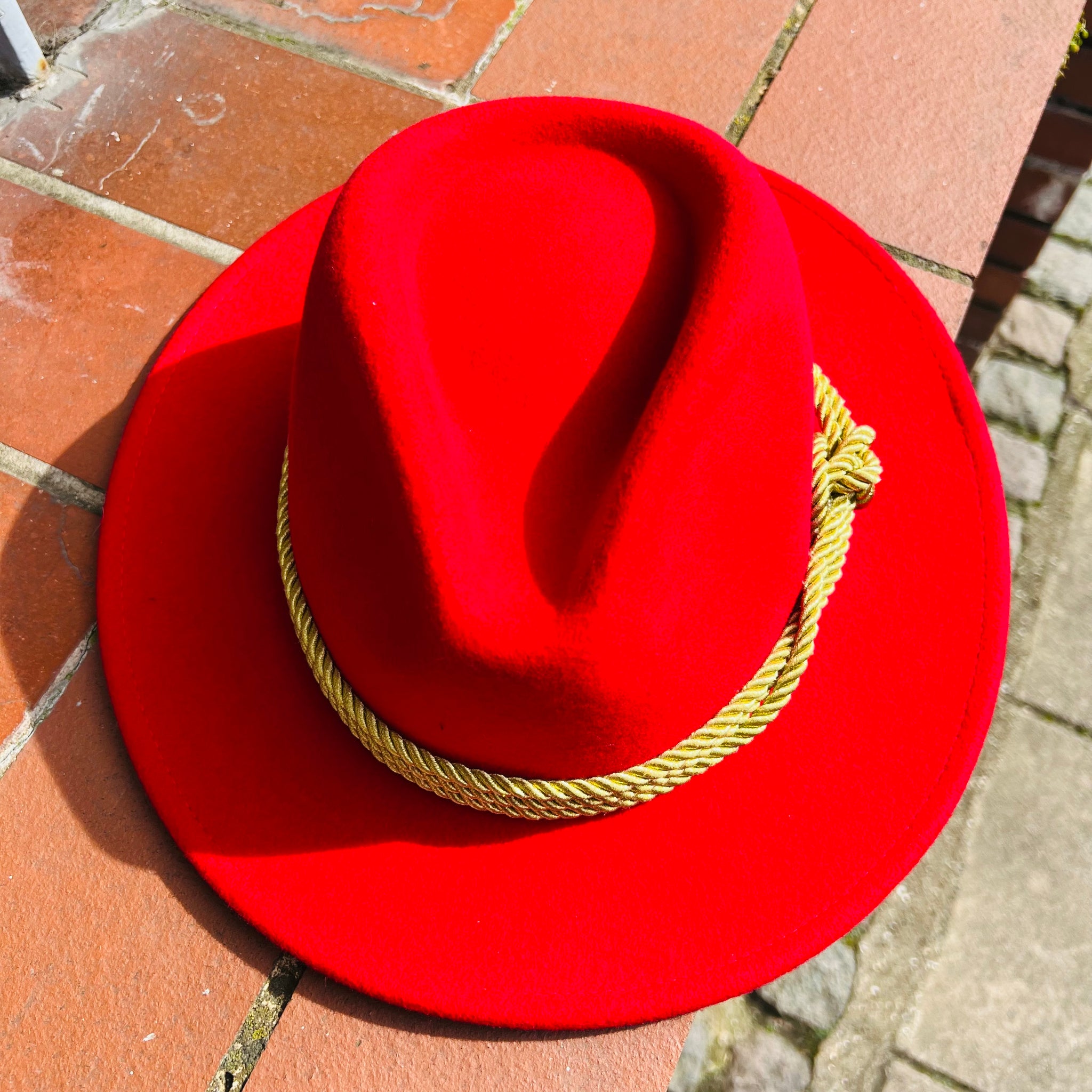 Unique Red Fedora with Custom Gold Rope Band