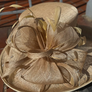 Miranda Wide Brim Gold Sinemay Hat With Bow