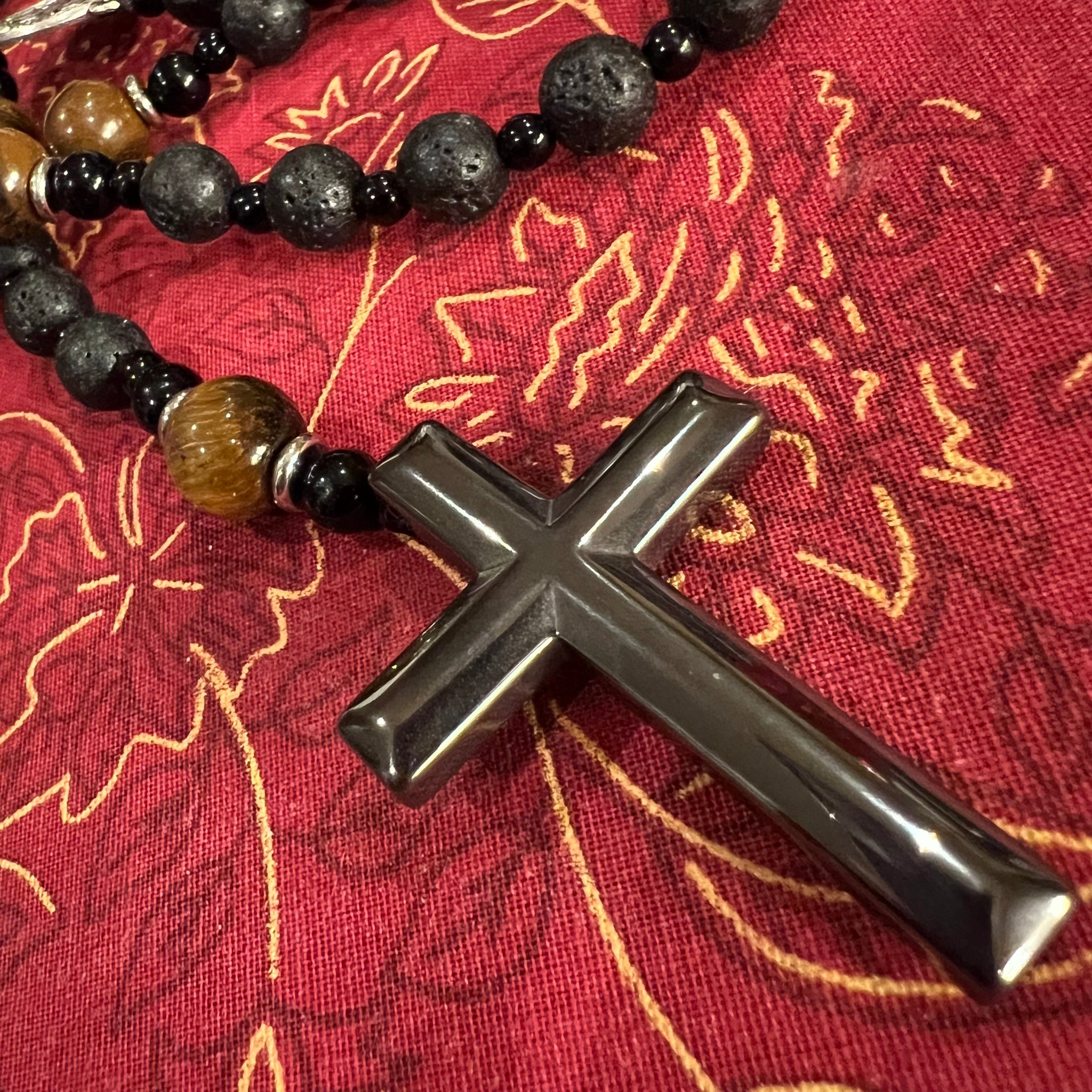 Long Beaded Rosary Necklace with Obsidian Cross