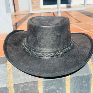 Black Genuine Leather Western Fedora Hat