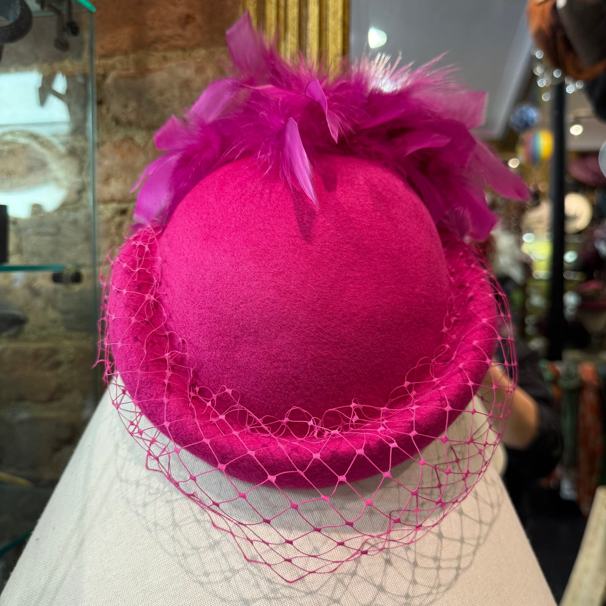 Grace Wool Felt Netted Pill Box Feathers to Back