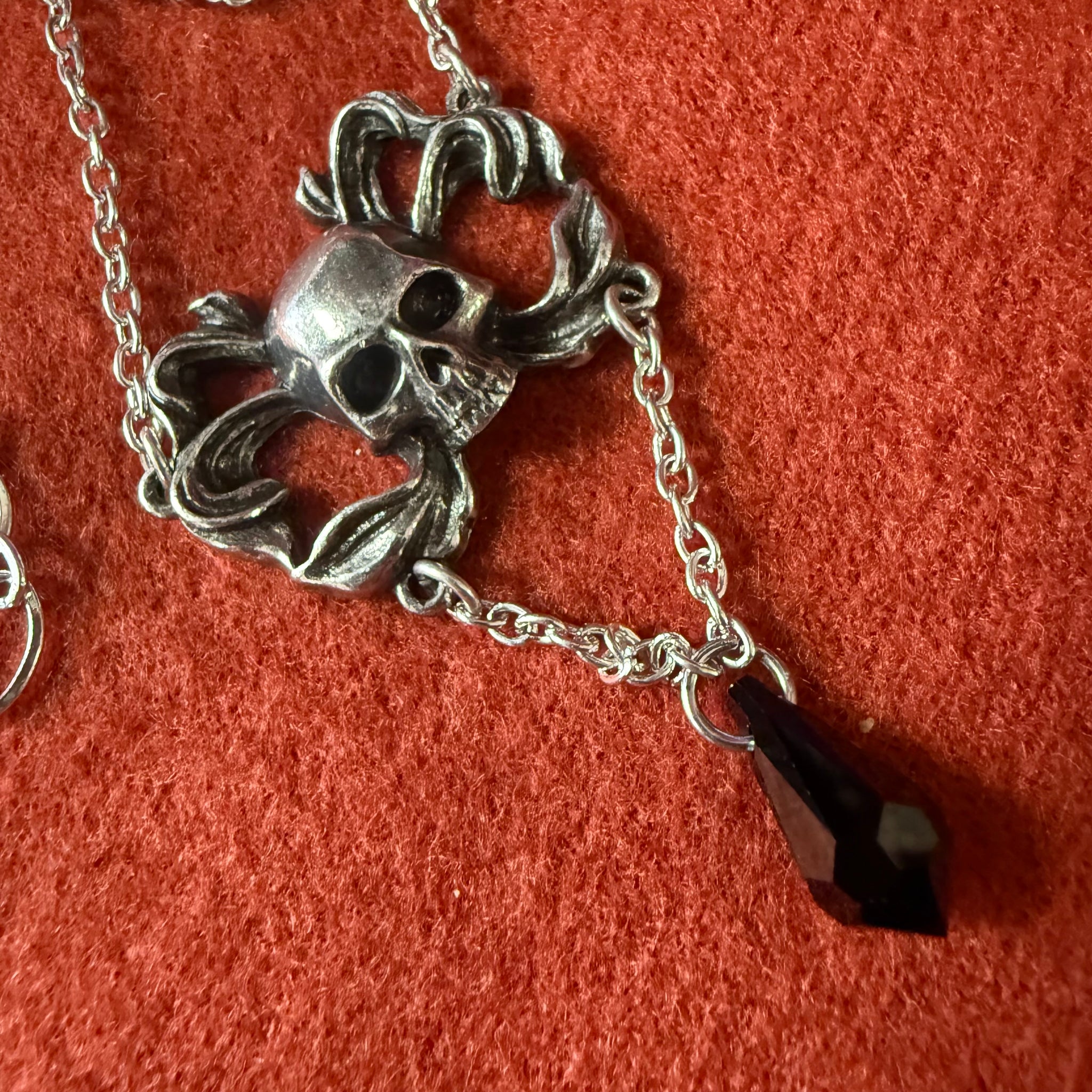 Pewter Skull Pendant with Black Crystal Drop
