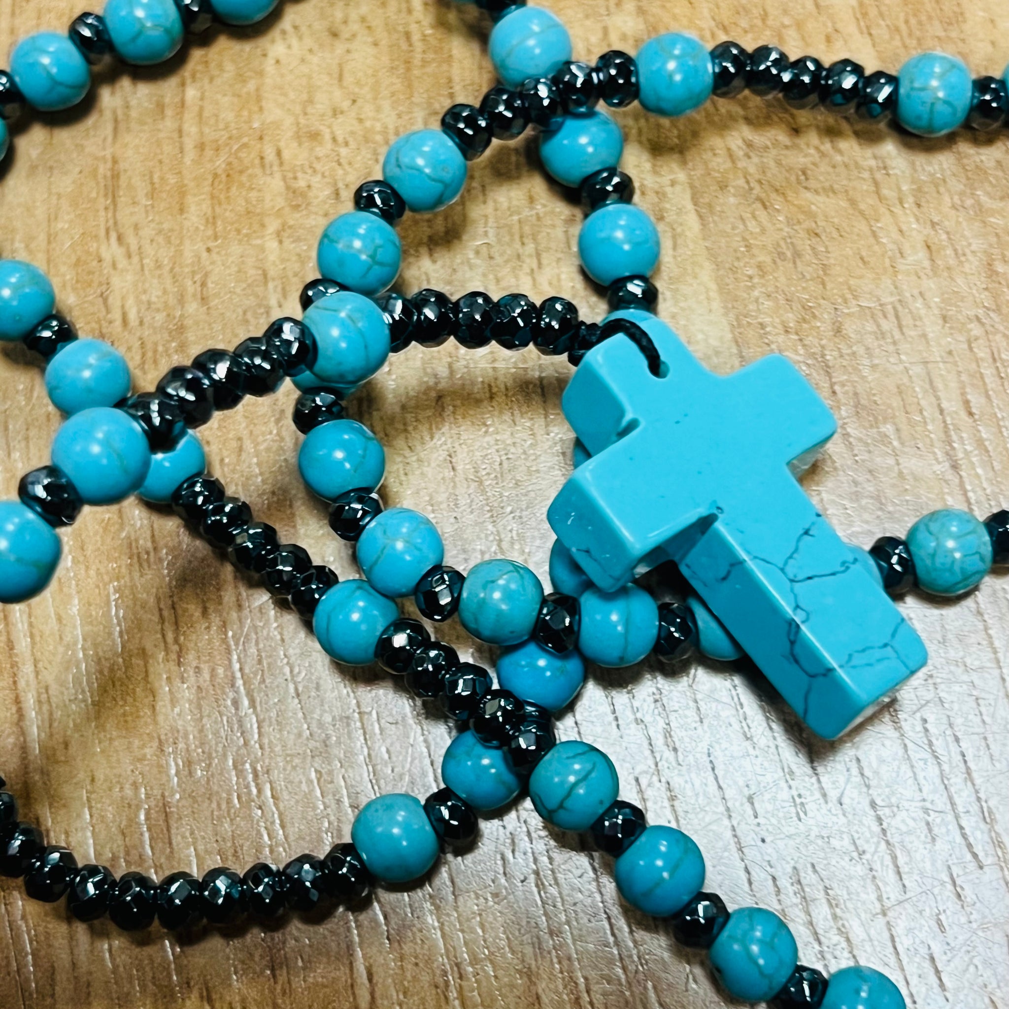 Long Turquoise Beaded Cross Necklace