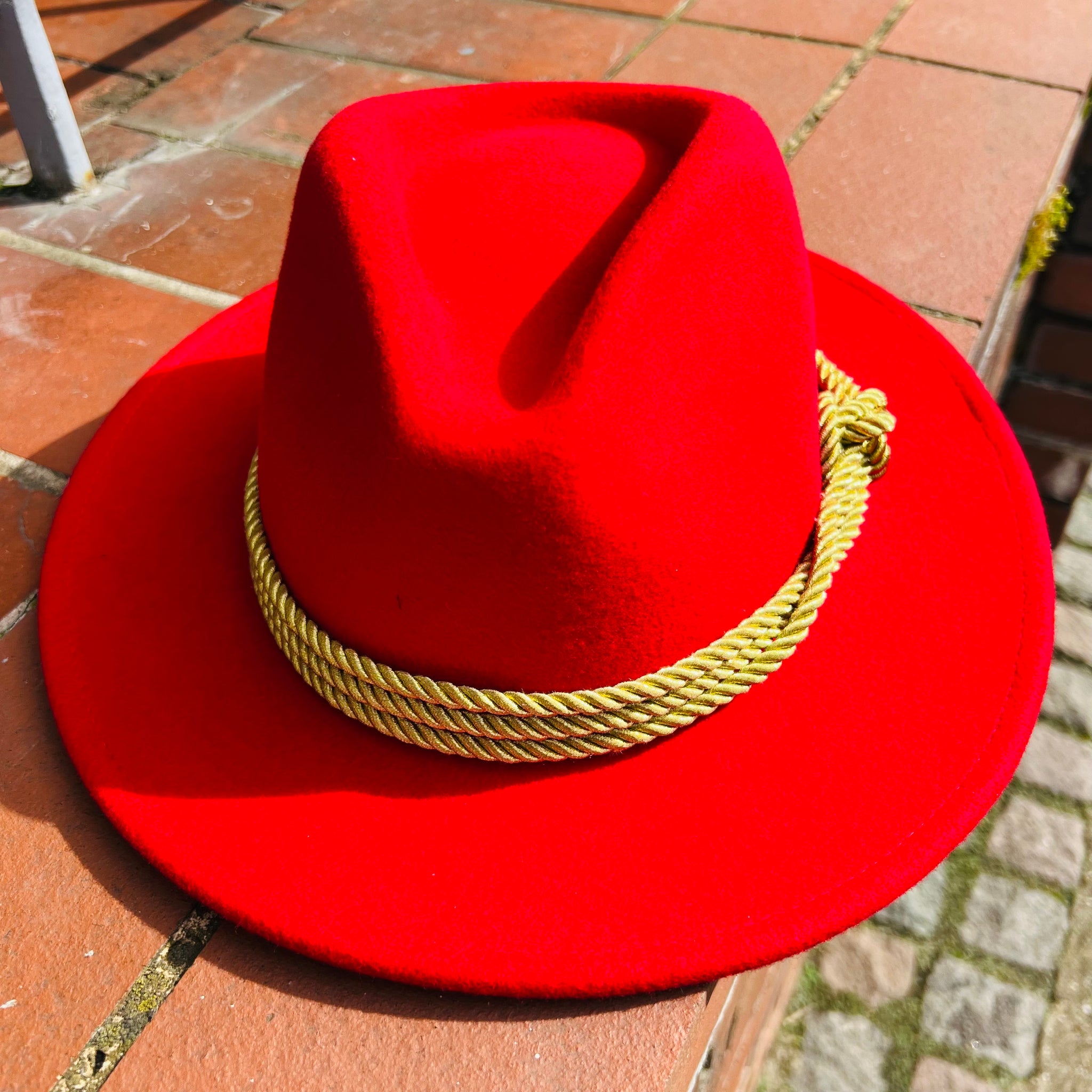 Unique Red Fedora with Custom Gold Rope Band