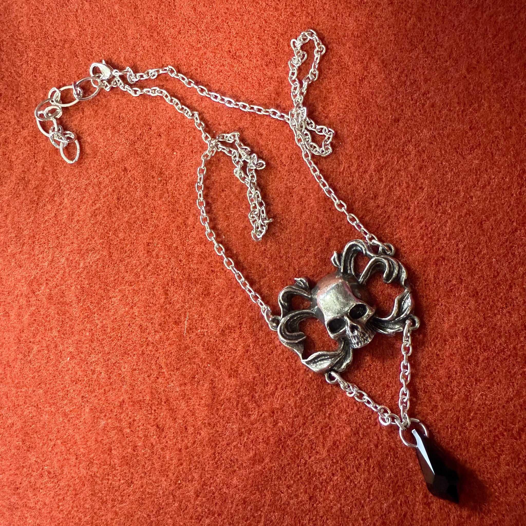 Pewter Skull Pendant with Black Crystal Drop
