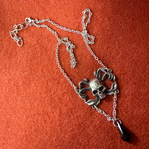 Pewter Skull Pendant with Black Crystal Drop