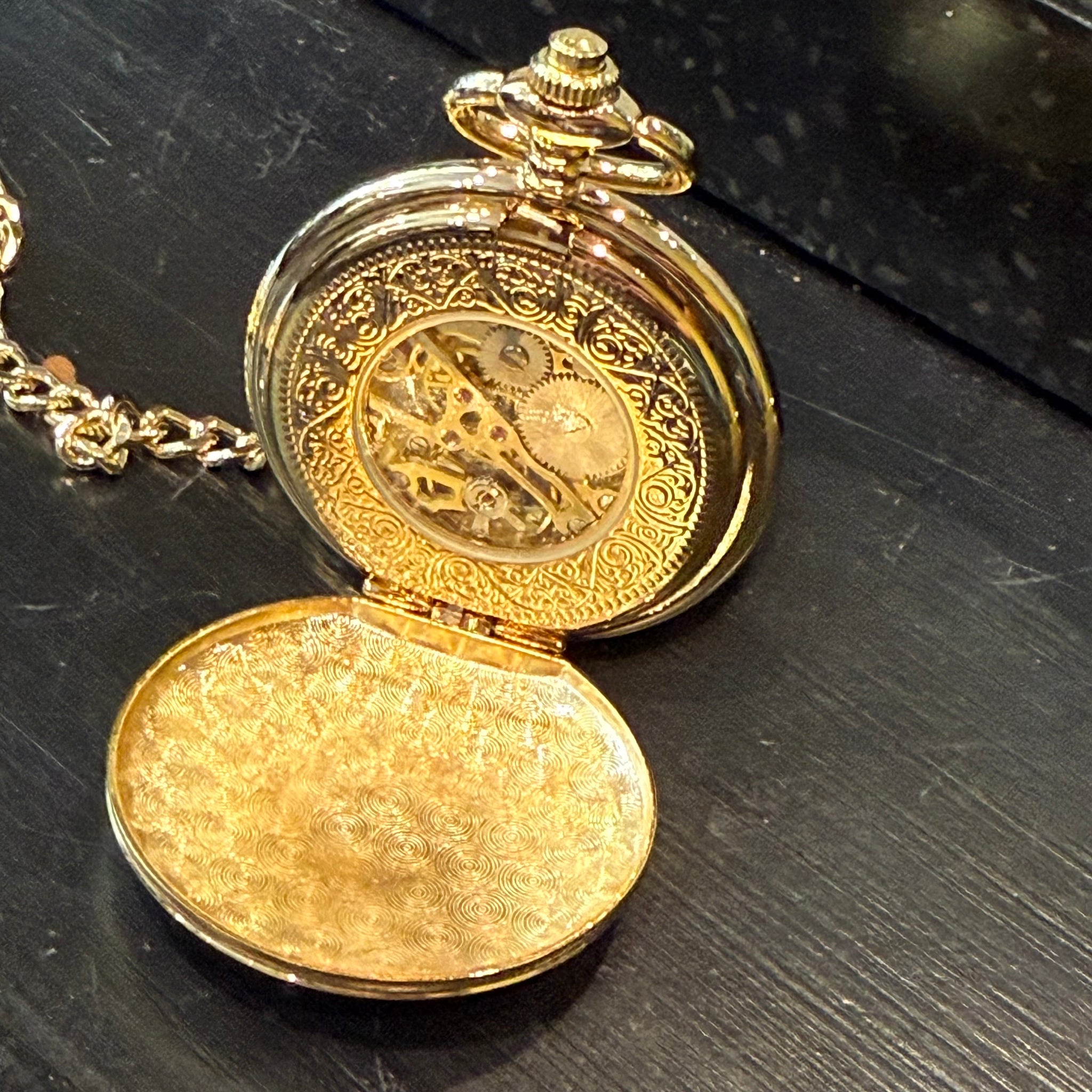 Gold Patterned Half Hunter Pocket Watch on Chain