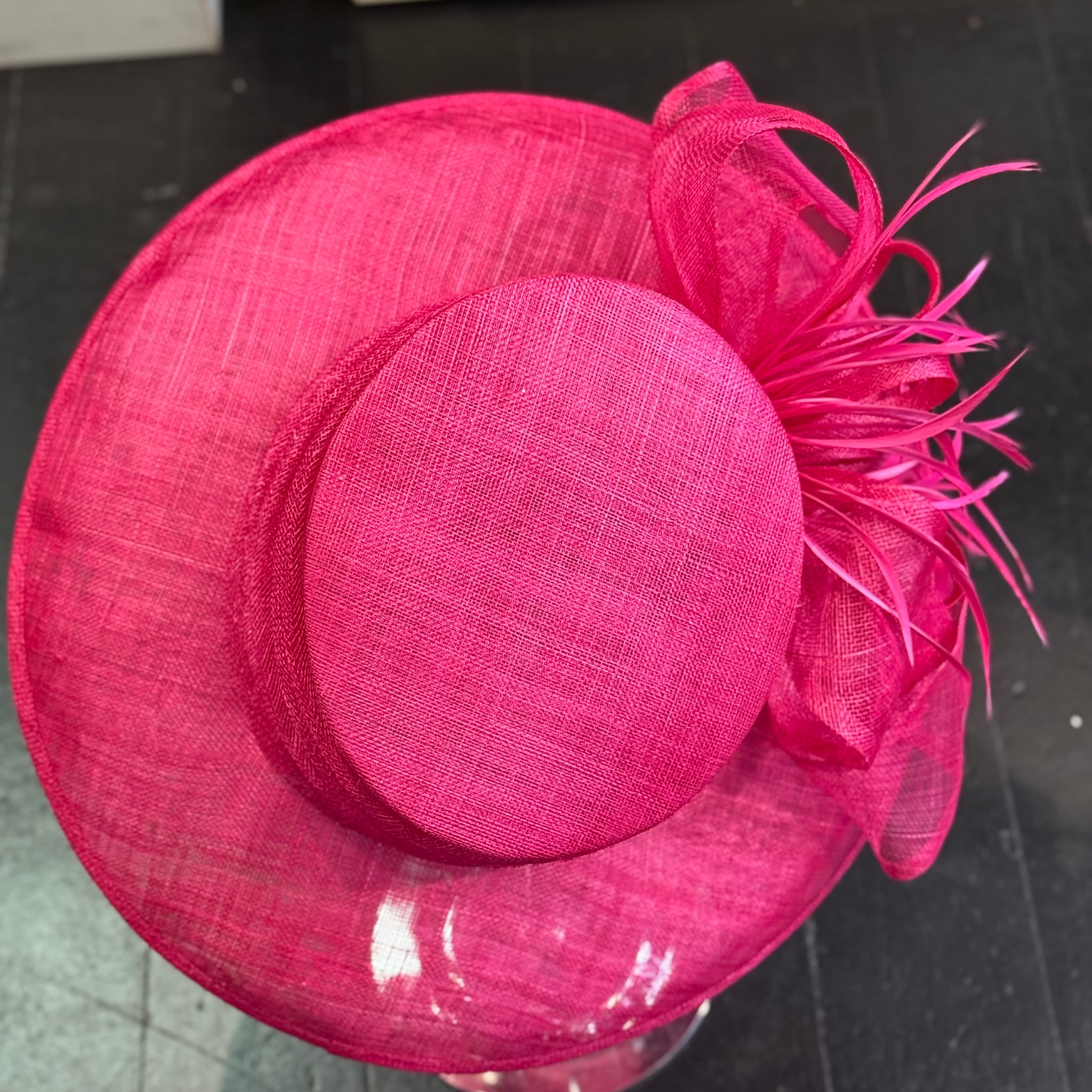 Sinamay Fuchsia Hat With Bow & Feathers