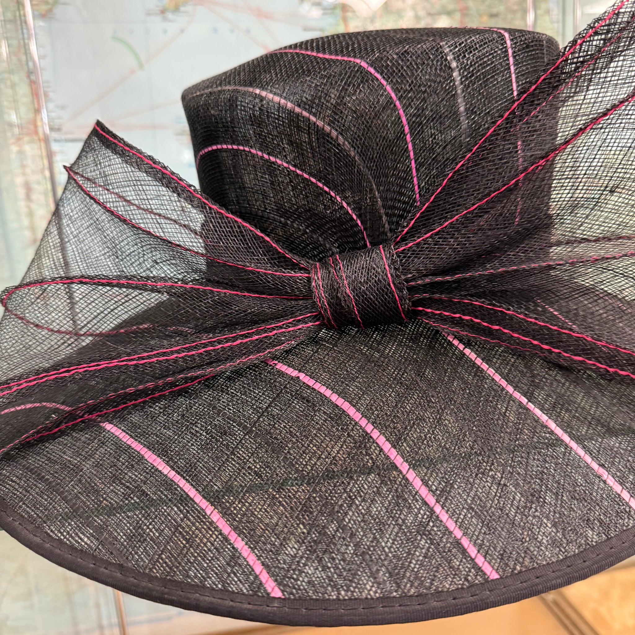 Lucinda Large Black Pink Stripe Sinamay Hat