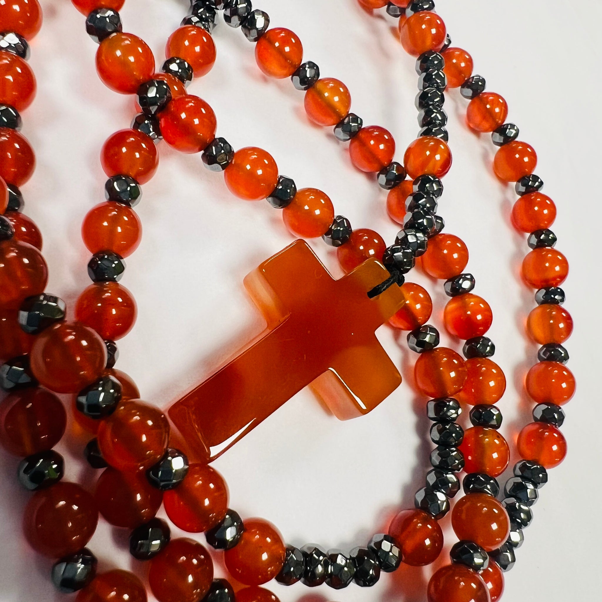 Long Carnelian Beaded Rosary Cross Necklace