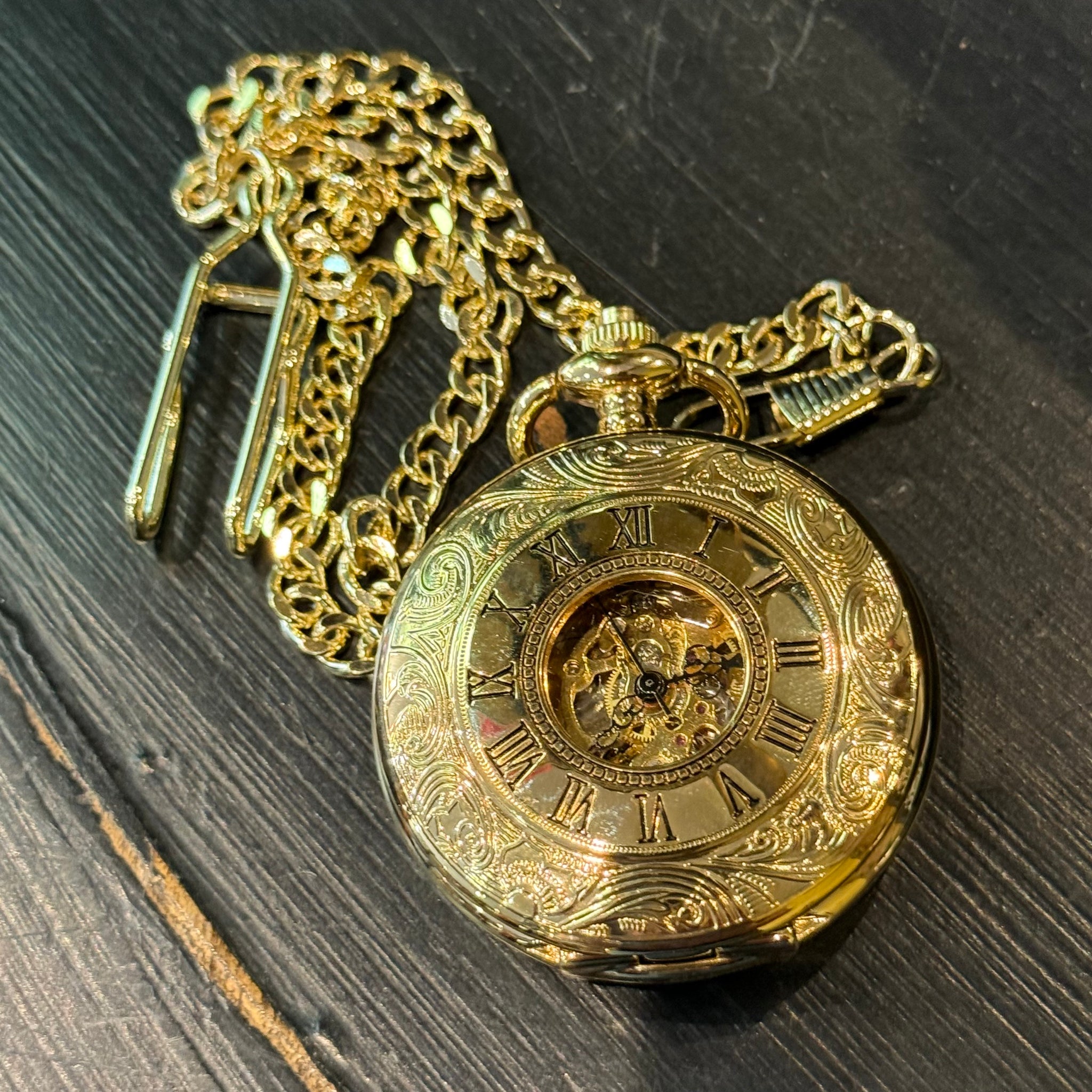 Gold Patterned Half Hunter Pocket Watch on Chain