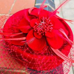Pill Box Hat With Flower & Mesh Veil
