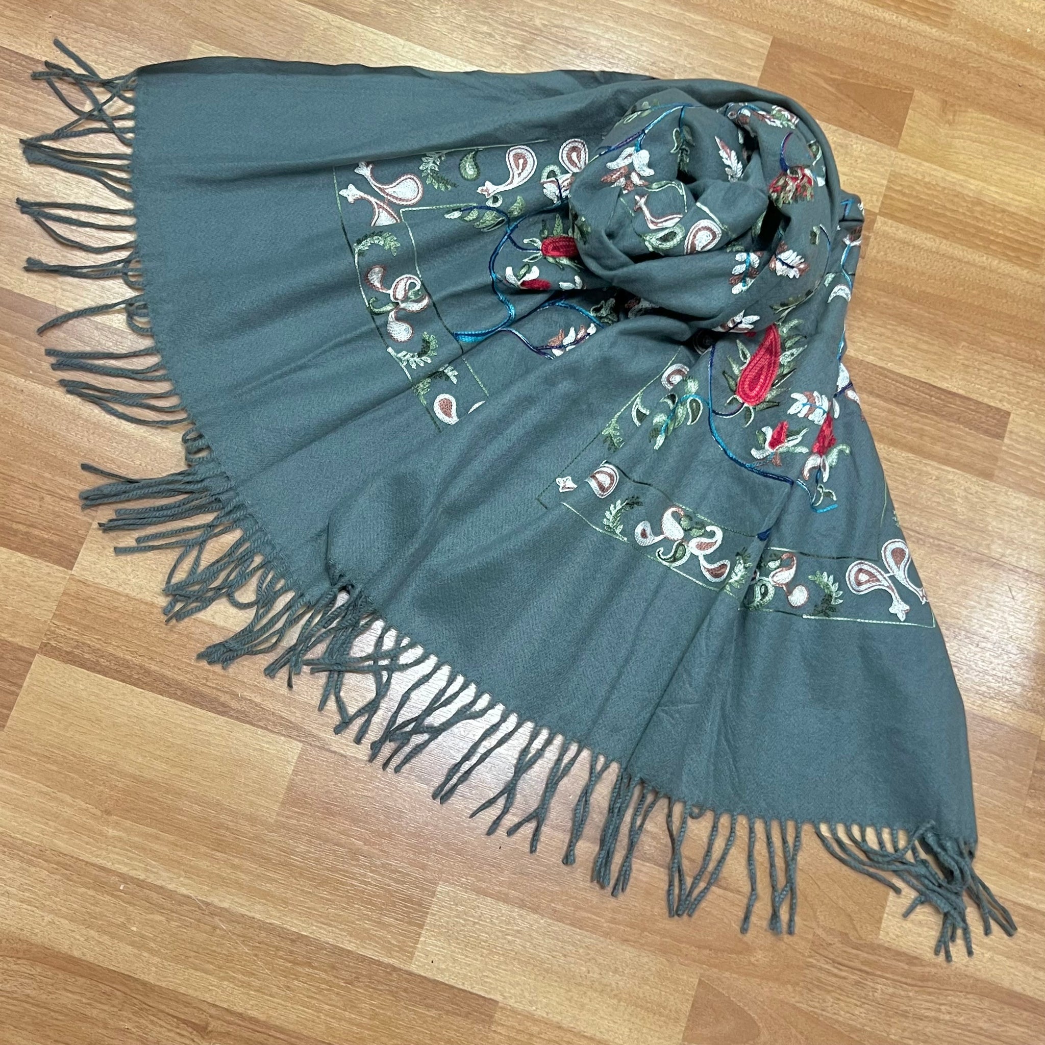 Fiona Embroidered Floral Paisley Wool Tassel Scarf