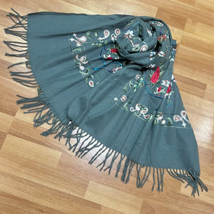 Fiona Embroidered Floral Paisley Wool Tassel Scarf