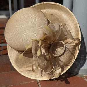 Miranda Wide Brim Gold Sinemay Hat With Bow