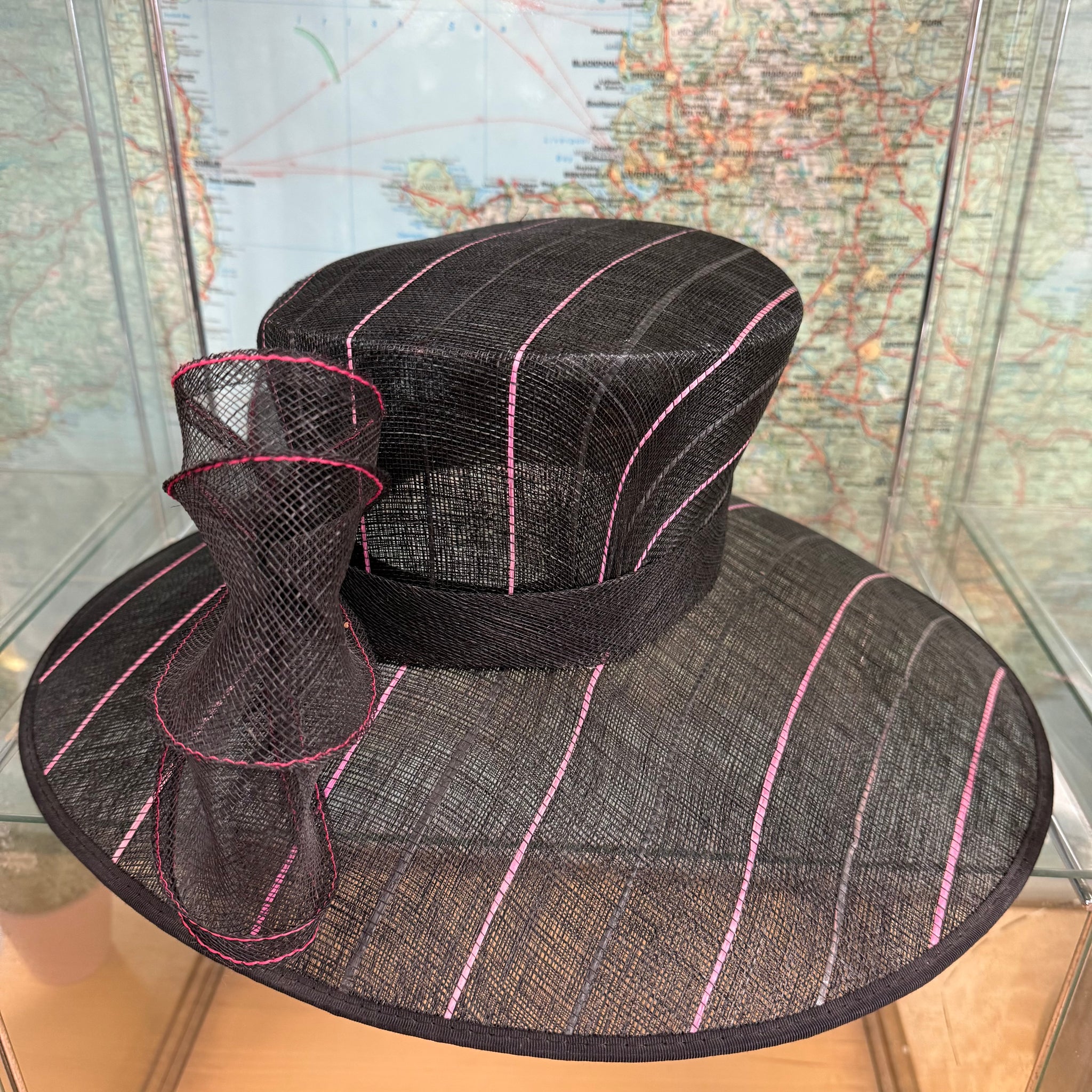 Lucinda Large Black Pink Stripe Sinamay Hat