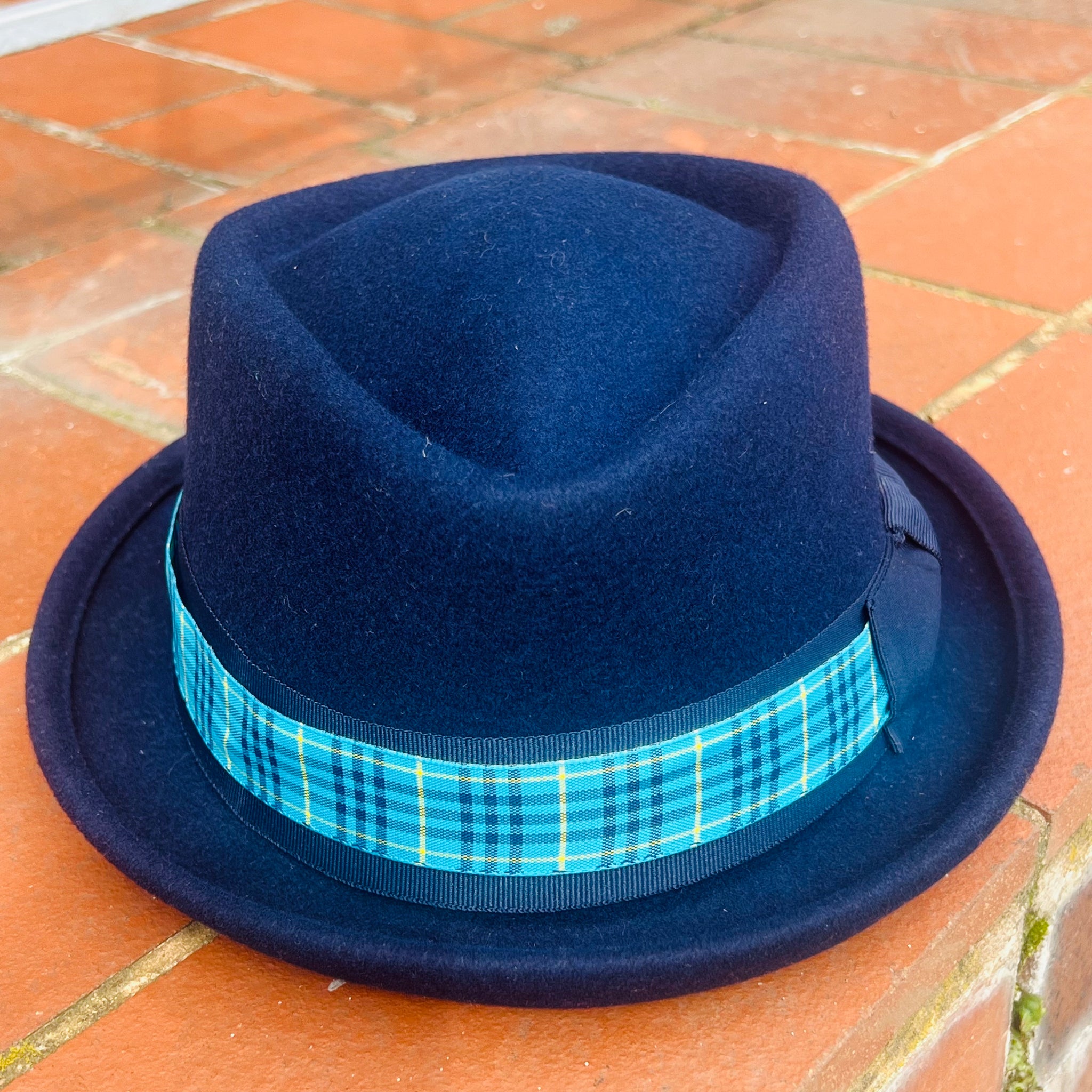 Unique Navy Tartan Brim D. Porkpie Hat