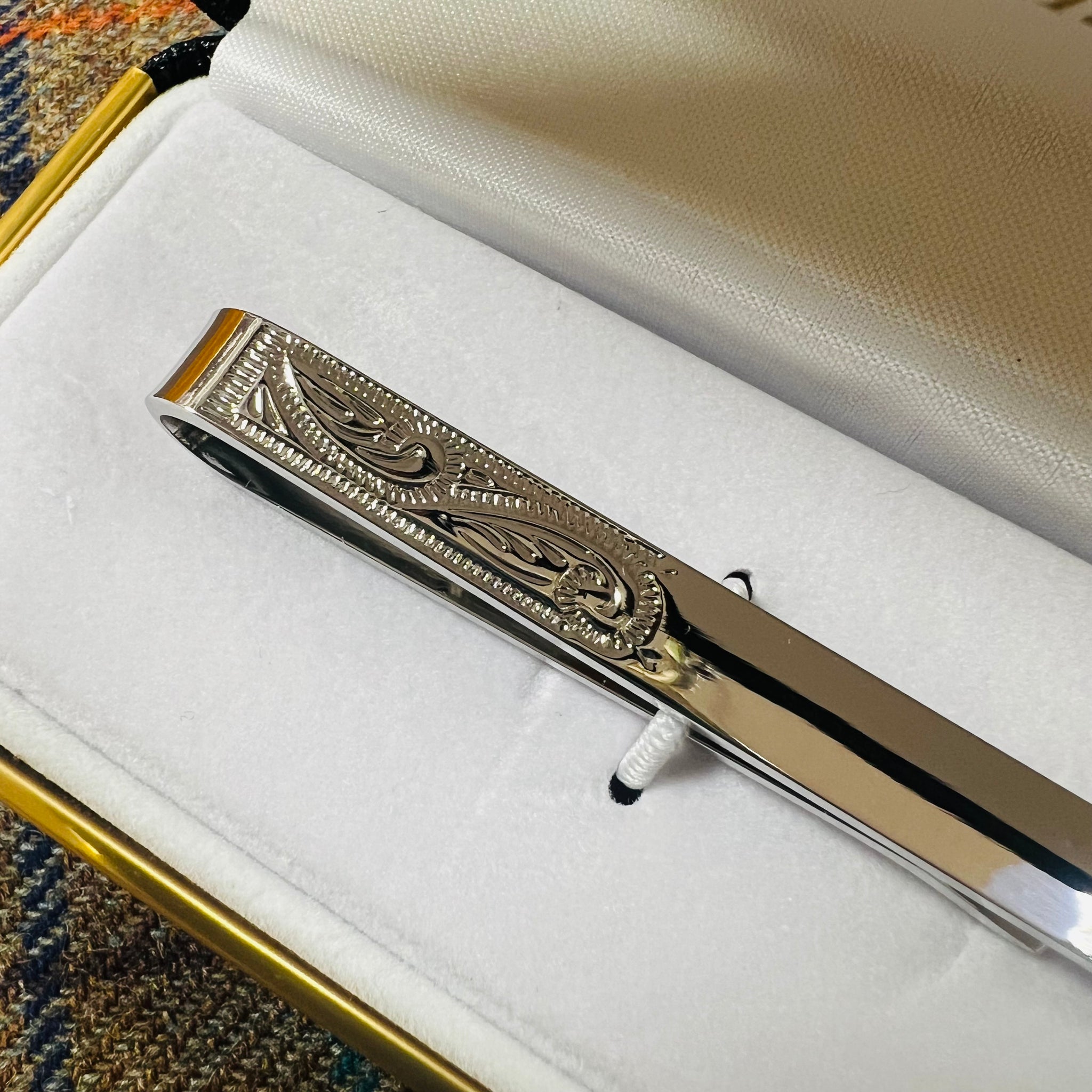 Rhodium Half Engraved Tie Slide