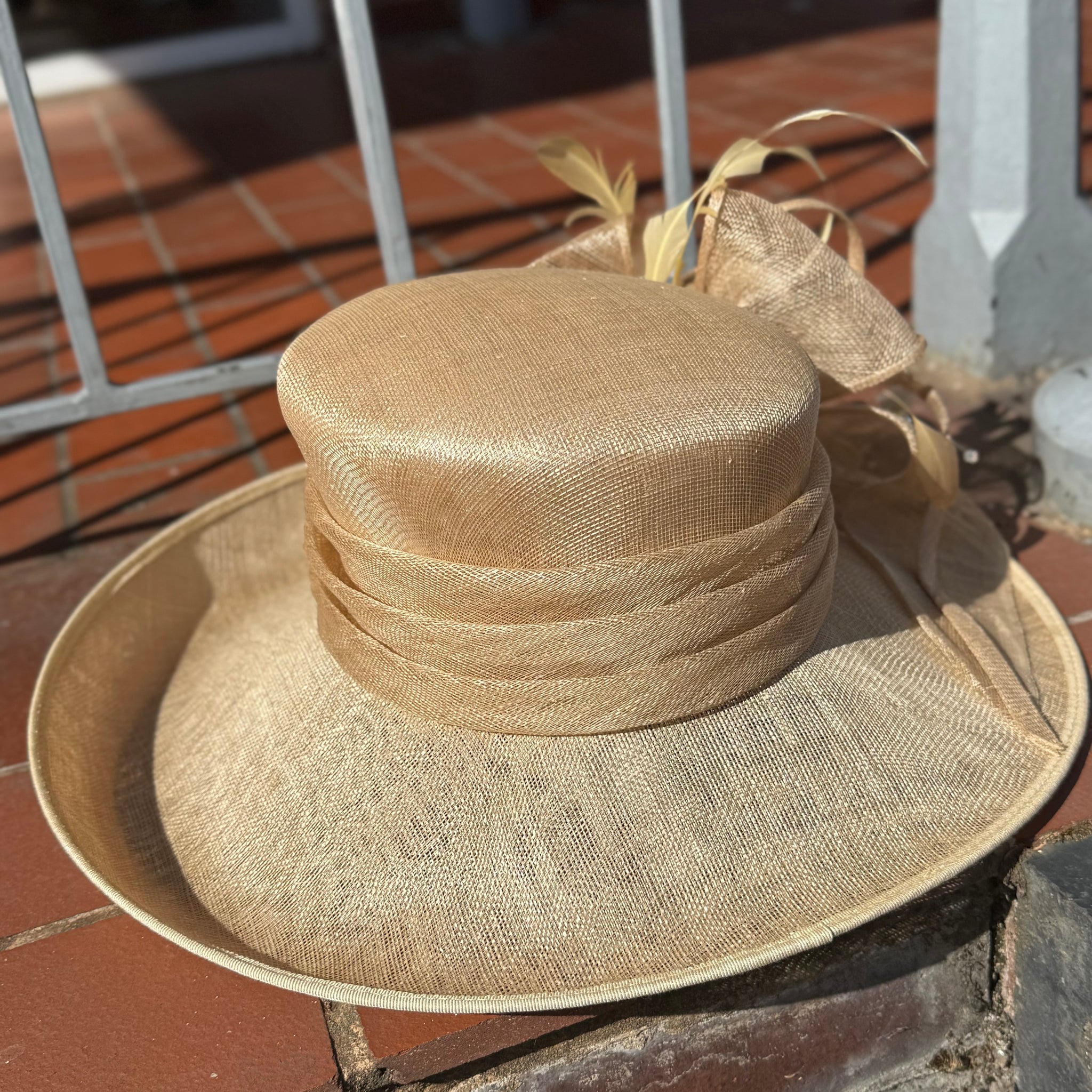 Miranda Wide Brim Gold Sinemay Hat With Bow