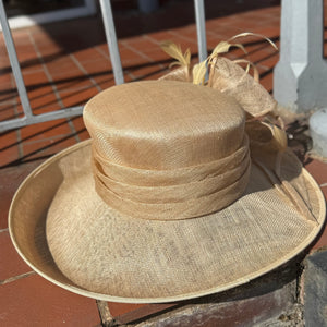 Miranda Wide Brim Gold Sinemay Hat With Bow