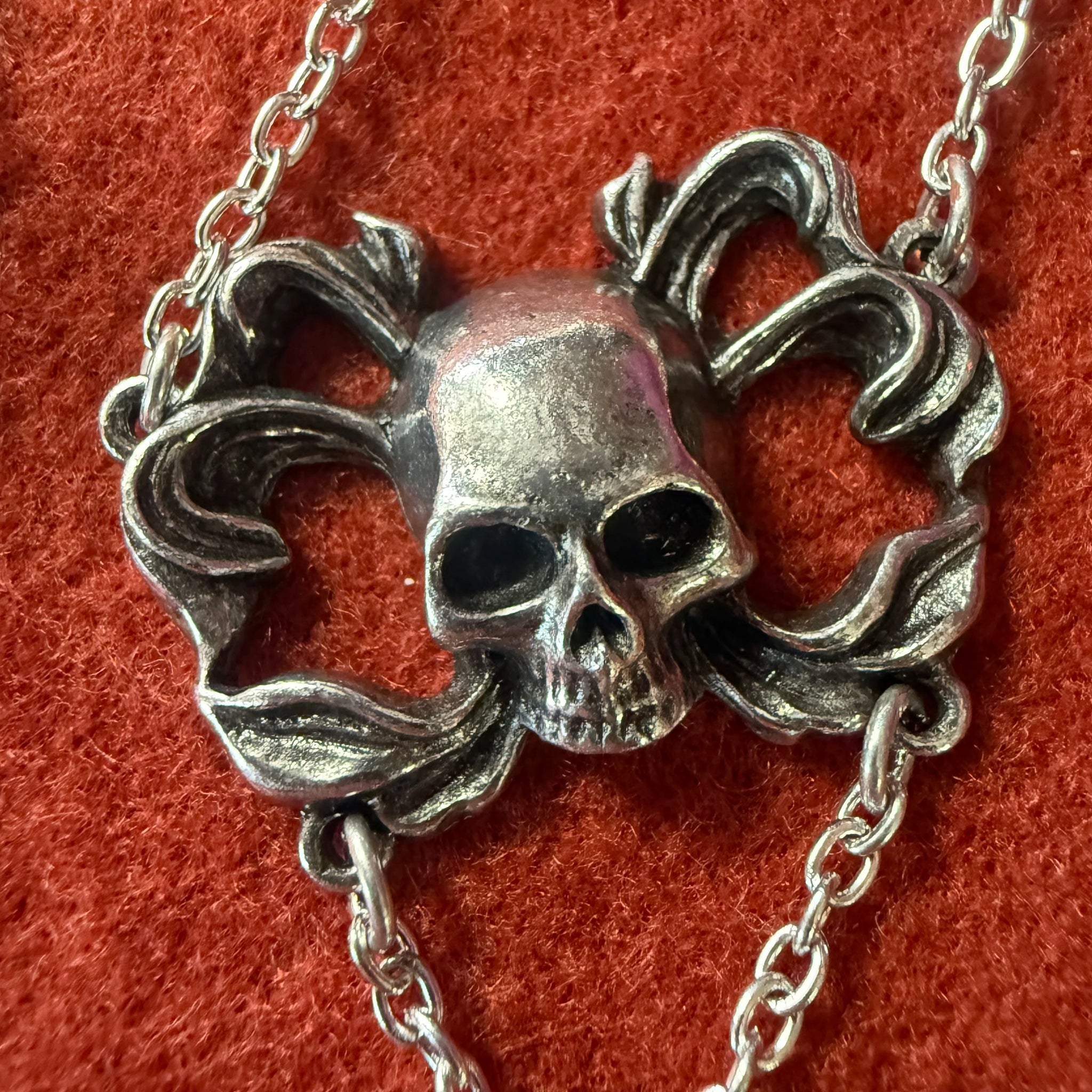 Pewter Skull Pendant with Black Crystal Drop
