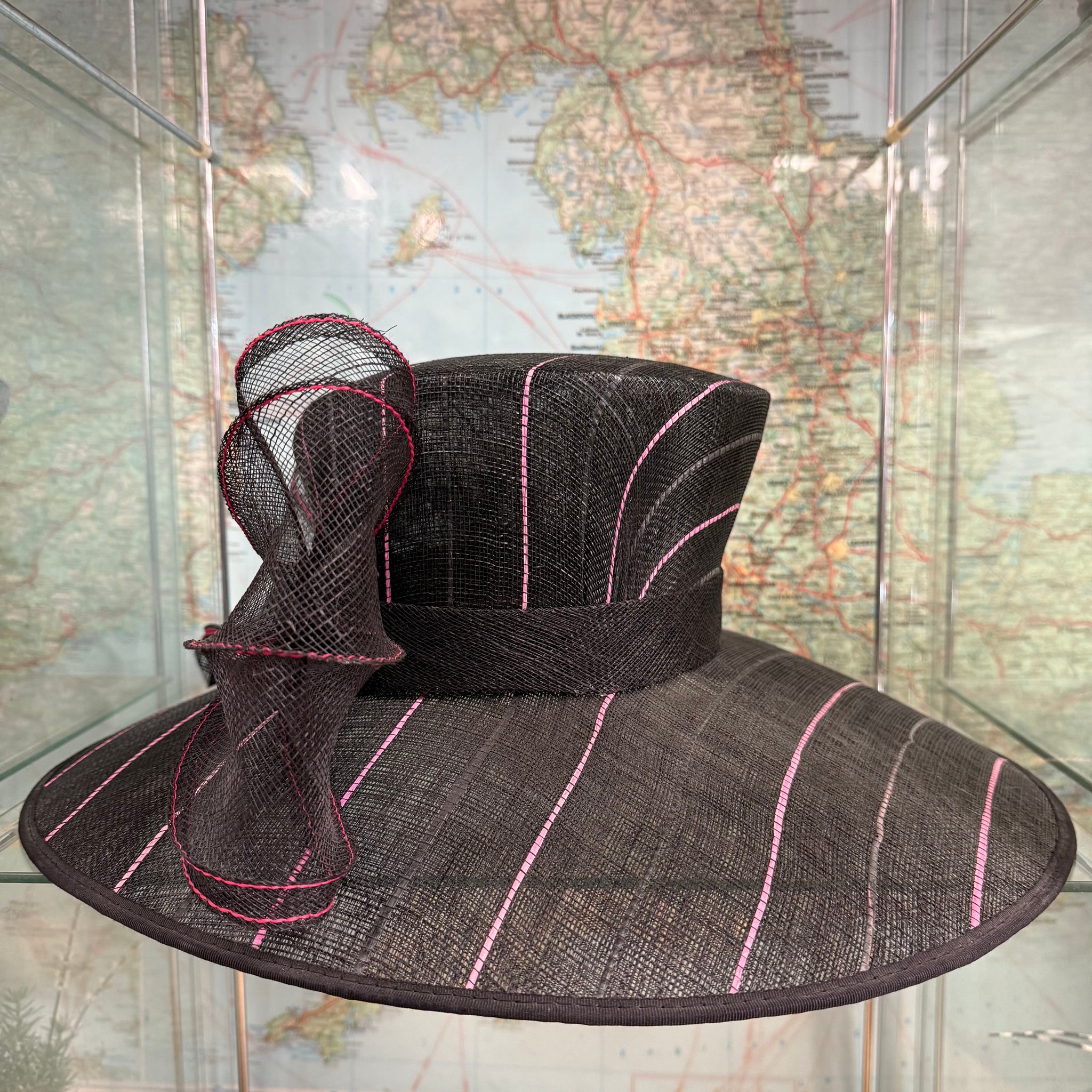 Lucinda Large Black Pink Stripe Sinamay Hat