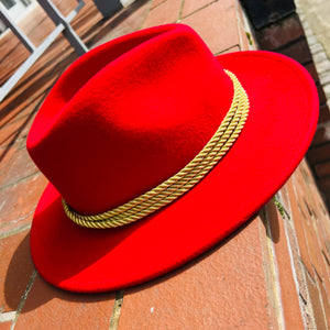 Unique Red Fedora with Custom Gold Rope Band