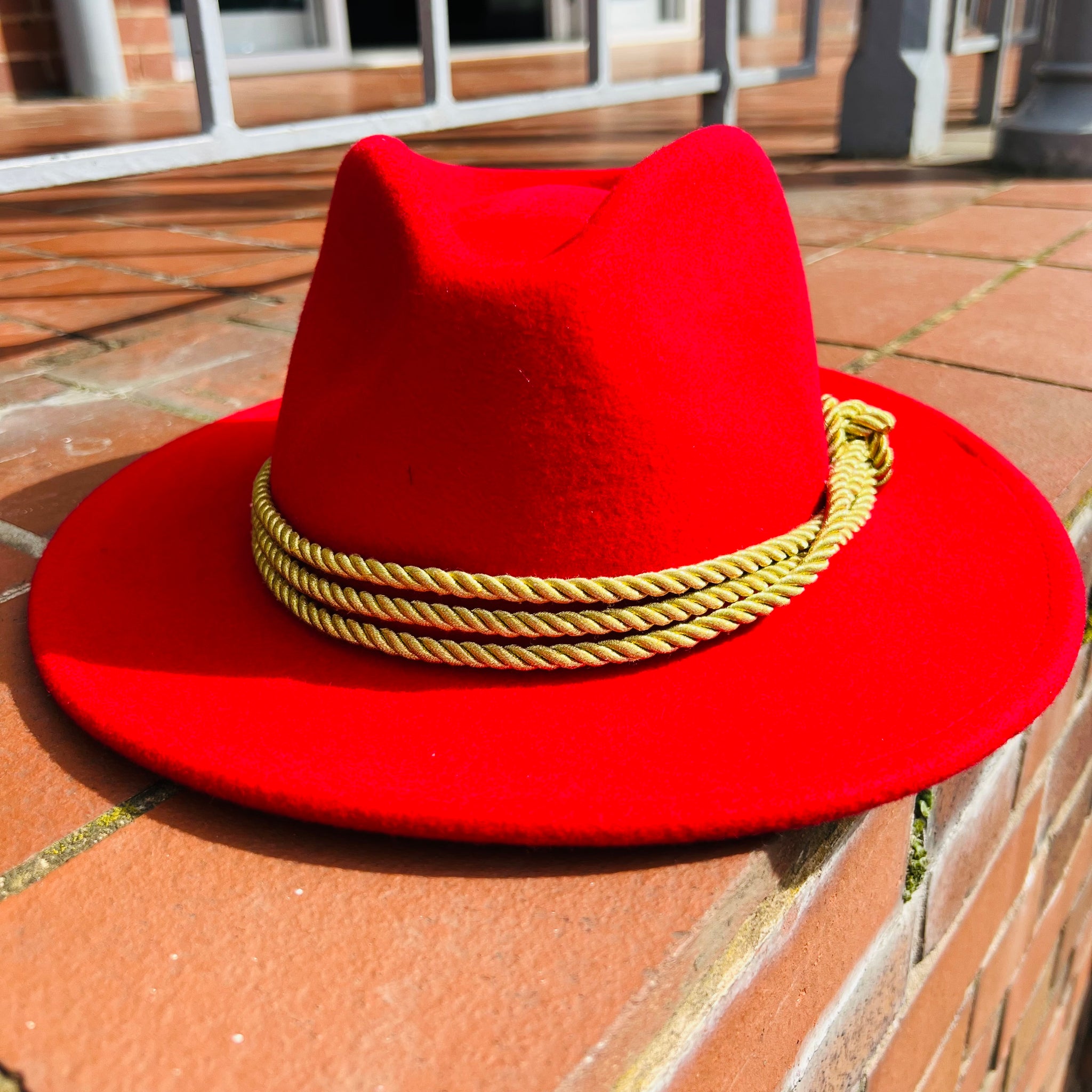 Unique Red Fedora with Custom Gold Rope Band