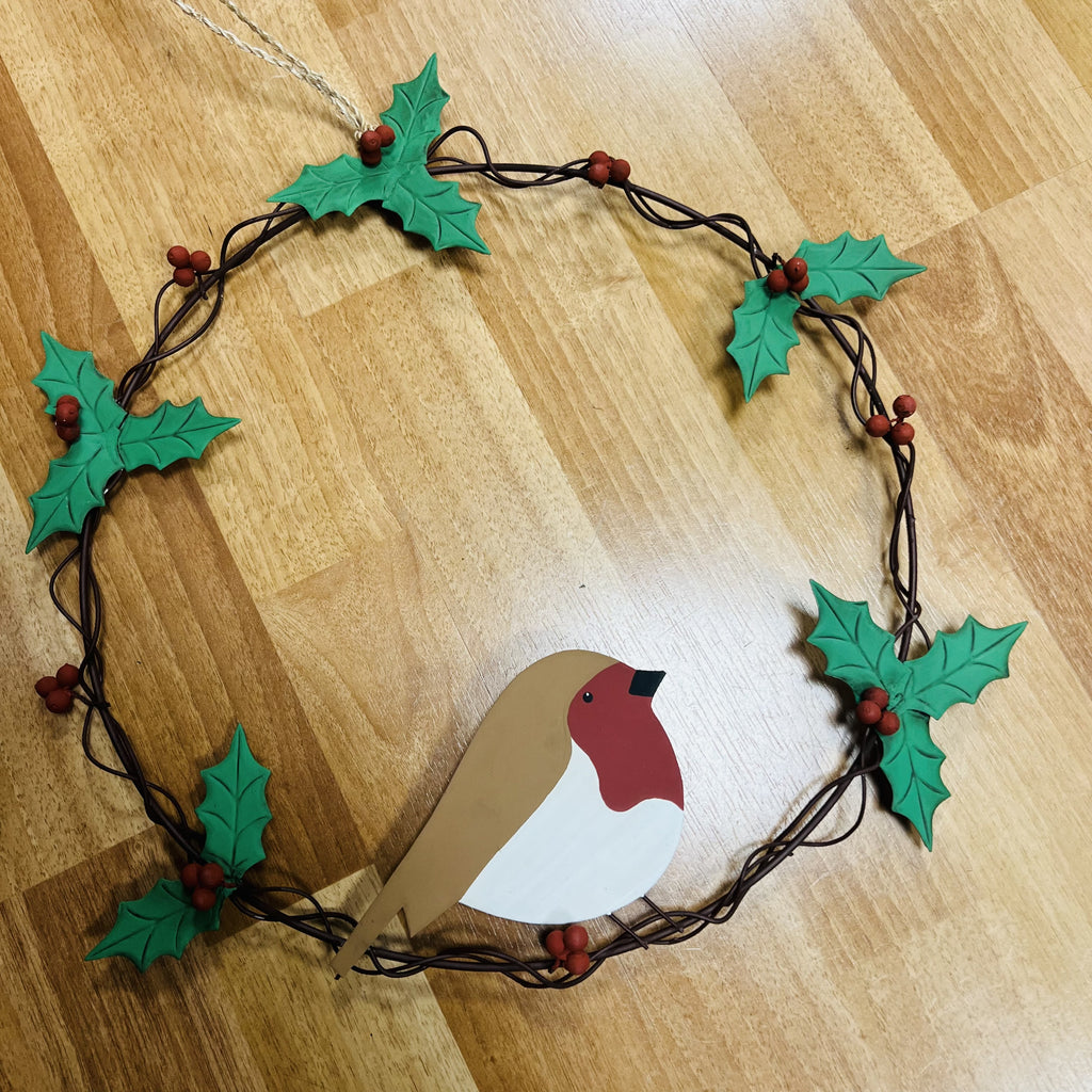 Metal Round Holly and Robin Christmas Wreath