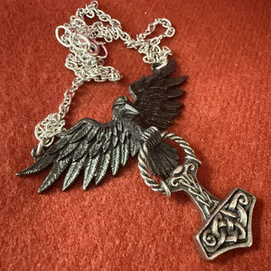 Pewter Raven and Hammer Pendant Necklace
