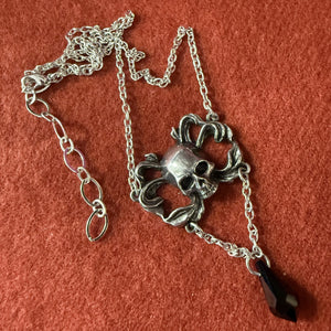 Pewter Skull Pendant with Black Crystal Drop